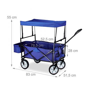 Relaxdays Bollerwagen faltbar, Sonnendach, Handwagen, 360 ° drehbar, extra Taschen, HTB: ca. 55 x 83 x 51,5 cm, blau - 3